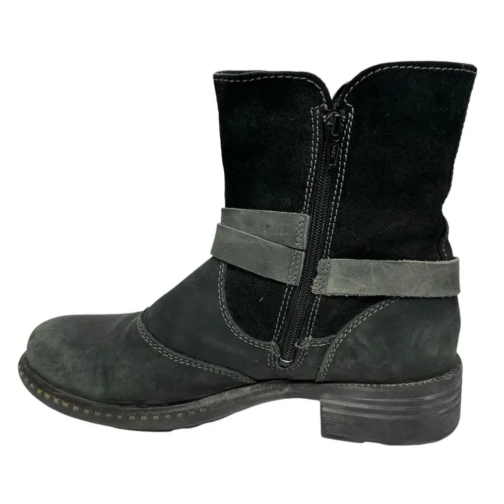 Bos. & Co. Devon Ankle Boots Womens 40/ 9.5 Black Leather Moto Harness Chunky